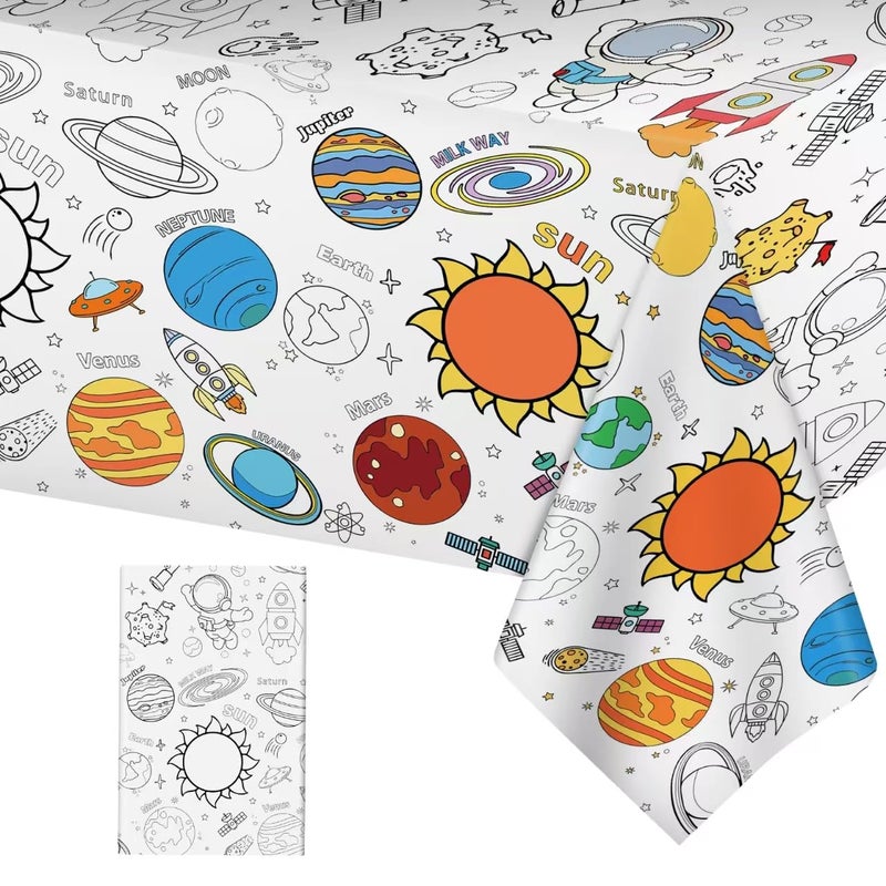 Litmitfu Large Outer Space Coloring Tablecloth - Giant Solar System Theme Colorable Paper Poster, Galaxy Activity Games Table cloth for Space Birthday Party Decorations Supplies Favors Crafts Gifts, 54x108 In - Image 1