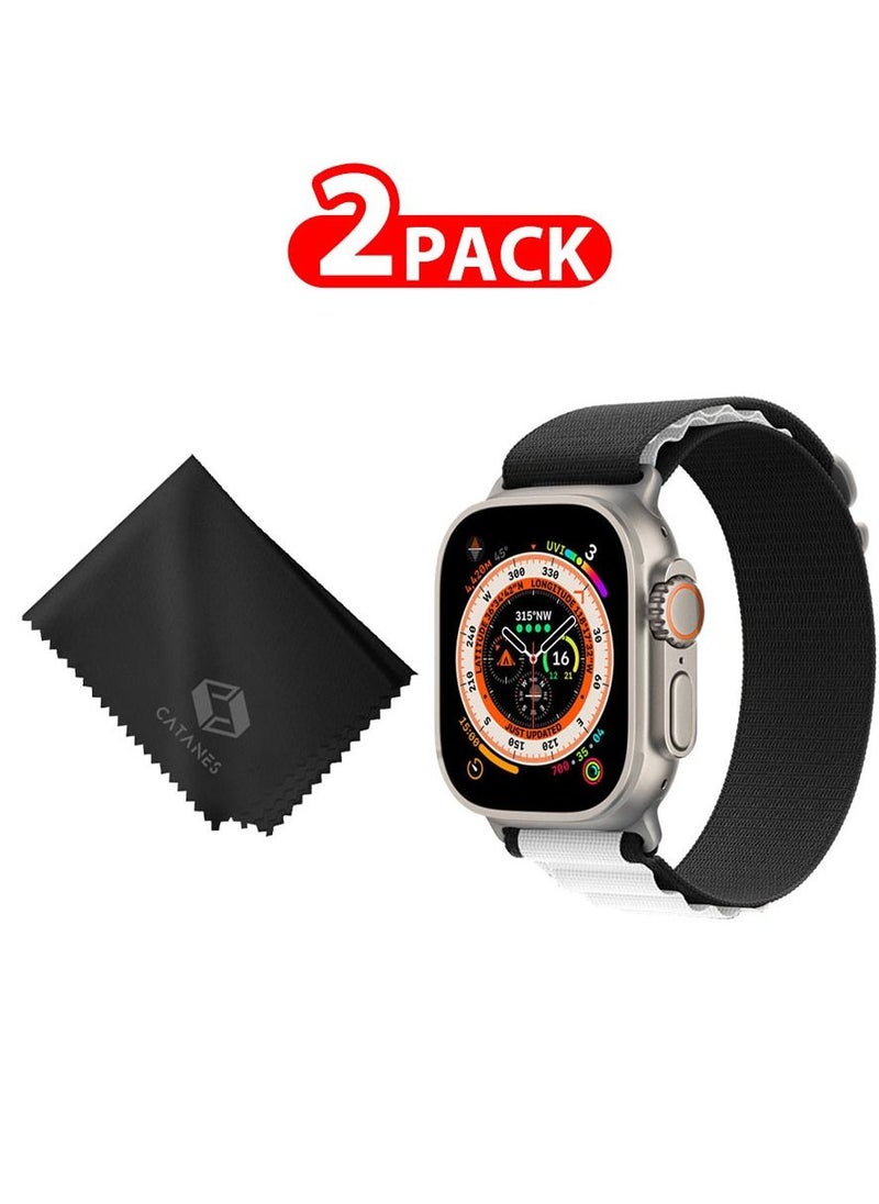 CATANES 2 Packs Of Apple Watch Band and Microfiber Cloth Alpine Loop Band 49mm 45mm 44mm 42mm Women Men Adjustable with Metal G-Hook Strap for iWatch Ultra Series SE 8/7/6/5/4/3/2/1 Black White  - Image 1