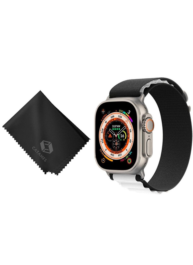 CATANES 2 Packs Of Apple Watch Band and Microfiber Cloth Alpine Loop Band 49mm 45mm 44mm 42mm Women Men Adjustable with Metal G-Hook Strap for iWatch Ultra Series SE 8/7/6/5/4/3/2/1 Black White  - Image 2