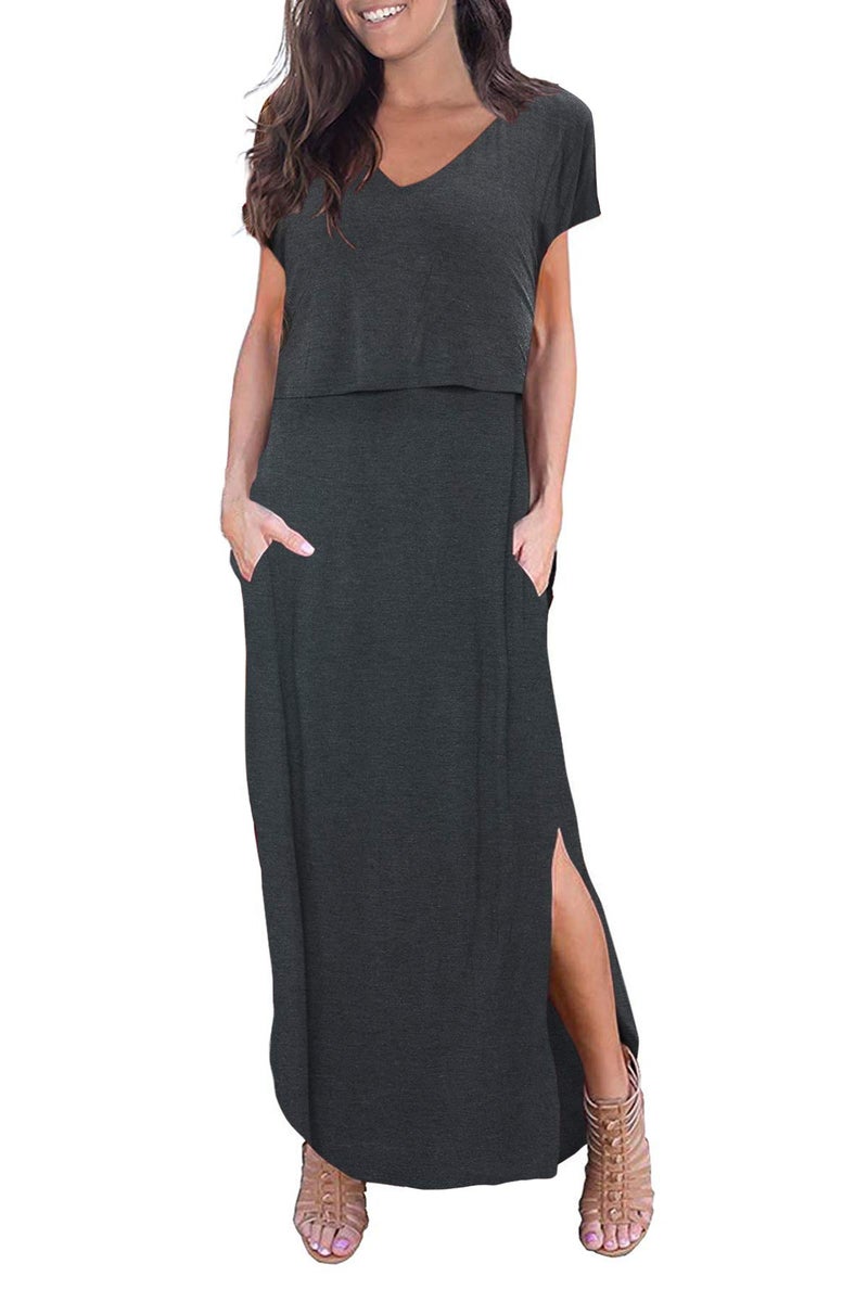 Smallshow Womens Maternity Nursing Dresses Split Long Dress for Breastfeeding Large Dim Grey