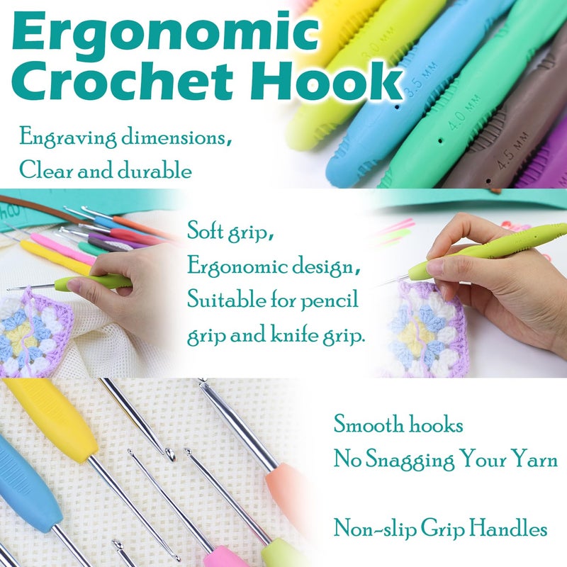 Lewhoo Crochet Hooks, 9 Size Ergonomic Crochet Hook Set with Roll Felt Case, Beginner Long Needle for Arthritic Hands, Size from 2.0mm-6.0mm/B-J - Image 3