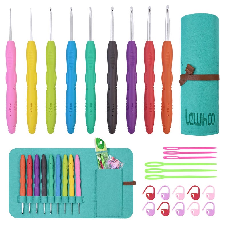 Lewhoo Crochet Hooks, 9 Size Ergonomic Crochet Hook Set with Roll Felt Case, Beginner Long Needle for Arthritic Hands, Size from 2.0mm-6.0mm/B-J - Image 1