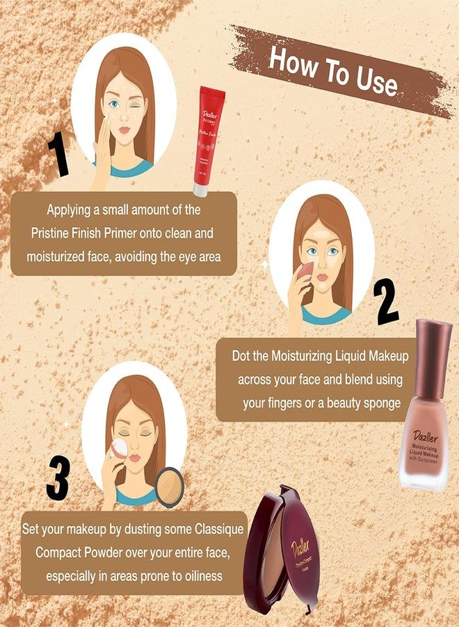 Dazller Face Makeup Essentials - (Cocoa, 8007), Moisturizing Liquid Makeup, 12mL + Classique Compact Powder, 9g + Pristine Finish Primer, 10g - Lightweight, Long Stay, No-makeup Look - Image 3