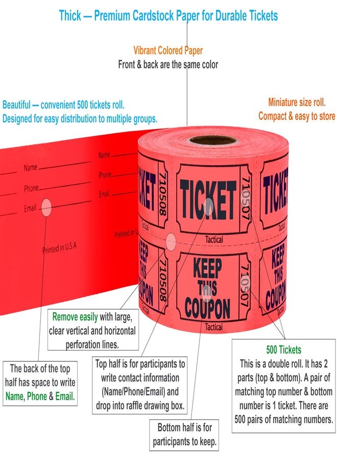 Tacticai 500 Raffle Tickets, Red (1 of 8 Colors), Double Roll, Ticket for Events, Entry, Class Reward, Fundraiser & Prizes - Image 2