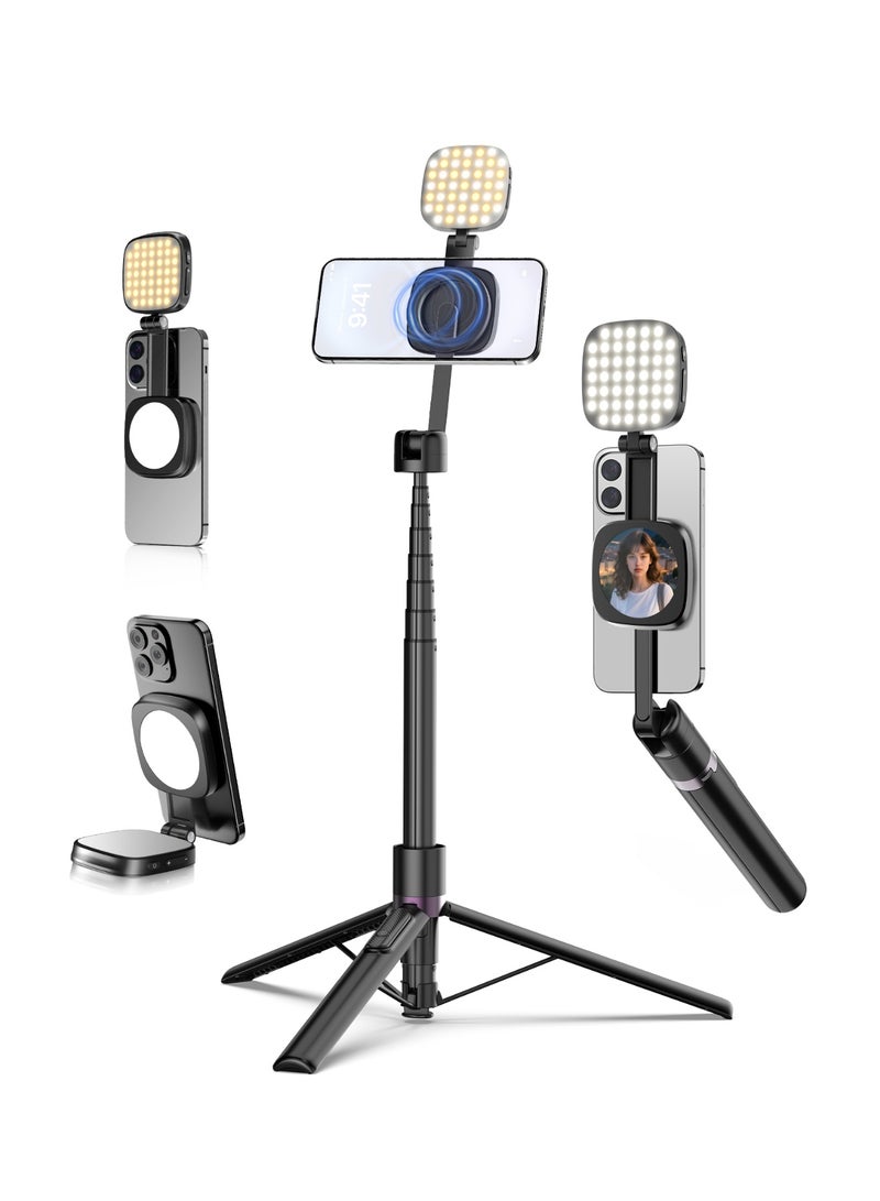 مجموعة حامل ثلاثي القوائم لعصا سيلفي مغناطيسية بطول 173 سم، حامل ثلاثي القوائم للهاتف مع ضوء تعبئة مغناطيسي ومرآة صغيرة، دوران 360 درجة، حامل هاتف من الألومنيوم مع حلقة معدنية وجهاز تحكم عن بعد قابل لإعادة الشحن لأجهزة iPhone/Android