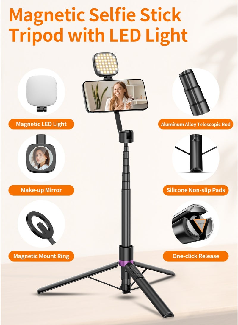 TONEOF 173cm Magnetic Selfie Stick Tripod Vlogging Kit, Phone Tripod with Magnetic Fill Light&Mini Mirror, 360° Rotation, Aluminum Phone Stand with Metal Ring&Rechargeable Remote for iPhone/Android - Image 2