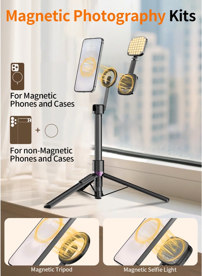 TONEOF 173cm Magnetic Selfie Stick Tripod Vlogging Kit, Phone Tripod with Magnetic Fill Light&Mini Mirror, 360° Rotation, Aluminum Phone Stand with Metal Ring&Rechargeable Remote for iPhone/Android - Image 3