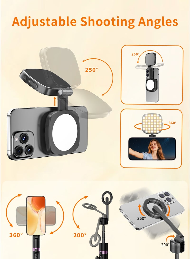 TONEOF 173cm Magnetic Selfie Stick Tripod Vlogging Kit, Phone Tripod with Magnetic Fill Light&Mini Mirror, 360° Rotation, Aluminum Phone Stand with Metal Ring&Rechargeable Remote for iPhone/Android - Image 5