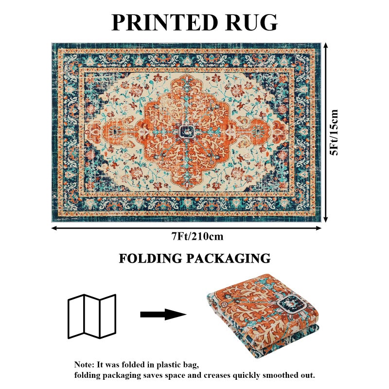 U'Artlines Boho Vintage Area Rug 5x7 Machine Washable Low Pile Soft Floor Carpet Non Slip Non Shedding Accent Rug for Living Room Bedroom Entryway Dining Room Office Orange/Multi - Image 2