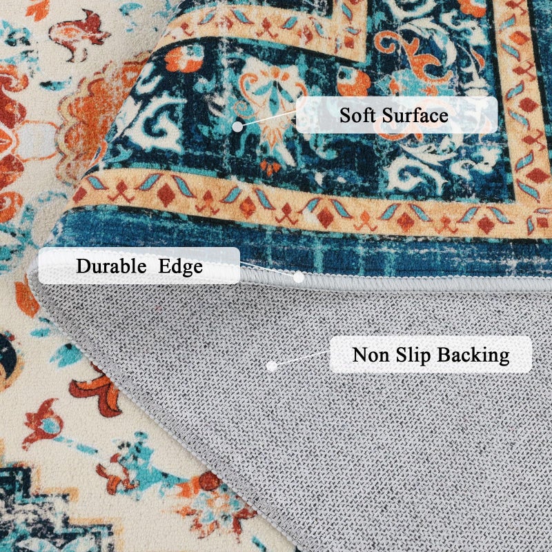 U'Artlines Boho Vintage Area Rug 5x7 Machine Washable Low Pile Soft Floor Carpet Non Slip Non Shedding Accent Rug for Living Room Bedroom Entryway Dining Room Office Orange/Multi - Image 4
