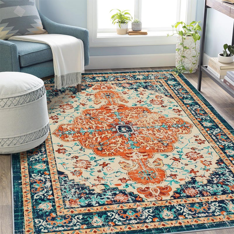 U'Artlines Boho Vintage Area Rug 5x7 Machine Washable Low Pile Soft Floor Carpet Non Slip Non Shedding Accent Rug for Living Room Bedroom Entryway Dining Room Office Orange/Multi - Image 1
