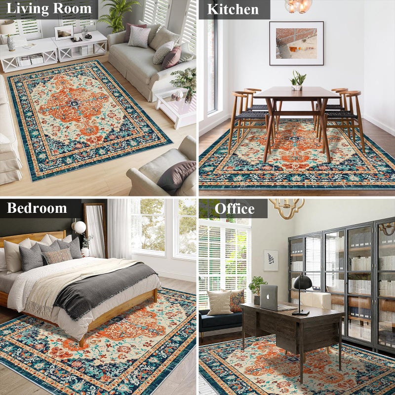 U'Artlines Boho Vintage Area Rug 5x7 Machine Washable Low Pile Soft Floor Carpet Non Slip Non Shedding Accent Rug for Living Room Bedroom Entryway Dining Room Office Orange/Multi - Image 5
