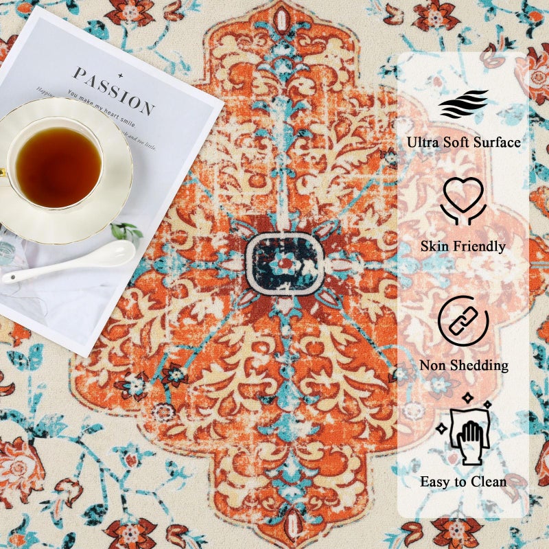 U'Artlines Boho Vintage Area Rug 5x7 Machine Washable Low Pile Soft Floor Carpet Non Slip Non Shedding Accent Rug for Living Room Bedroom Entryway Dining Room Office Orange/Multi - Image 3