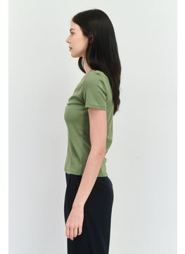 MANGO Women V-Neck Short Sleeves Solid Top, Sage Green  - Image 2