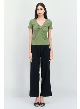 MANGO Women V-Neck Short Sleeves Solid Top, Sage Green  - Image 4