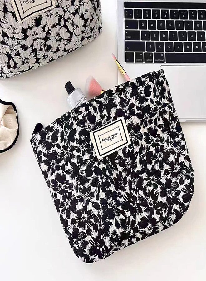 STARDW Flower Cosmetic Bags Makeup Bags for Women and Girls,Travel Makeup Bag Large Capacity Canvas Makeup Bag,Makeup Organizer Bag Zipper Pouch, Black Flowers, Large Capacity Aesthetic Makeup Bags - Image 2