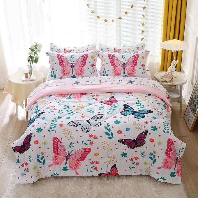 BUTTERFLY COMFORTER SET TWIN SIZE FOR GIRLS KIDS TEENS 7 PIECE BED IN A BAG COLORFUL BUTTERFLIES FLOWER LEAVES BEDDING SET ALL SEASON LIGHTWEIGHT