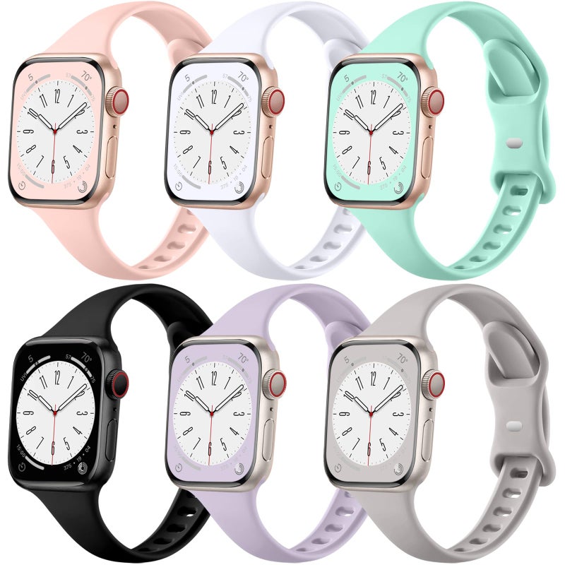 Lerobo 6 Pack Silicone Slim Bands Compatible for Apple Watch Band 38mm 40mm 41mm 44mm 42mm 45mm 49mm, Slim Thin Narrow Replacement Sport Strap Wristband for iWatch Series 8/7/SE/6/5/4/3/2/1 Women Men - Image 1