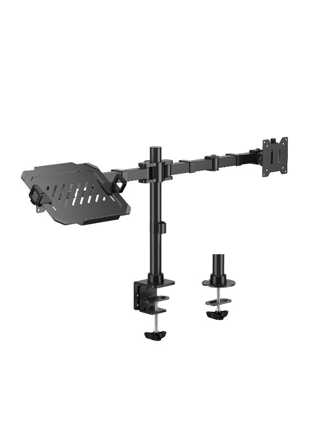 Skill Tech Skilltech SH91 C024ML Heavy-Duty Monitor Arm with Laptop Holder | Supports 17"–35" Screens (20kg) + Laptop Tray (9kg) | Full Motion Tilt/Swivel/Rotation | VESA 100×100 | Clamp & Grommet Mount – Matte Black - Image 1