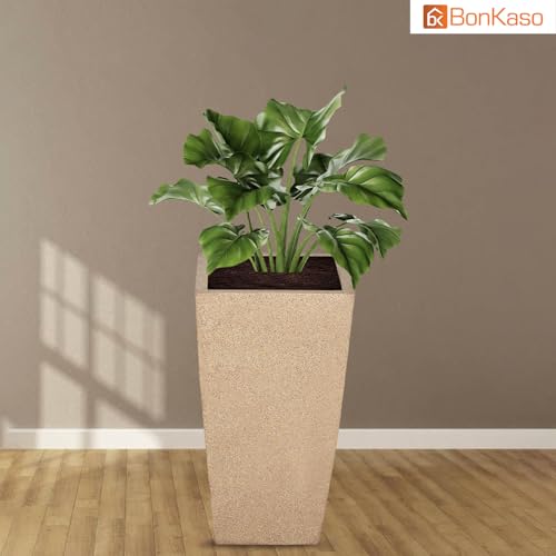 BonKaso 12 inch Beige Pot – Tall, Durable & Lightweight Polymer Square Tower Planter for Indoor & Outdoor Use: Home, Office, Garden & Balcony (Gamla/Gamale) - Image 4