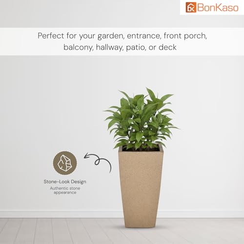 BonKaso 12 inch Beige Pot – Tall, Durable & Lightweight Polymer Square Tower Planter for Indoor & Outdoor Use: Home, Office, Garden & Balcony (Gamla/Gamale) - Image 3