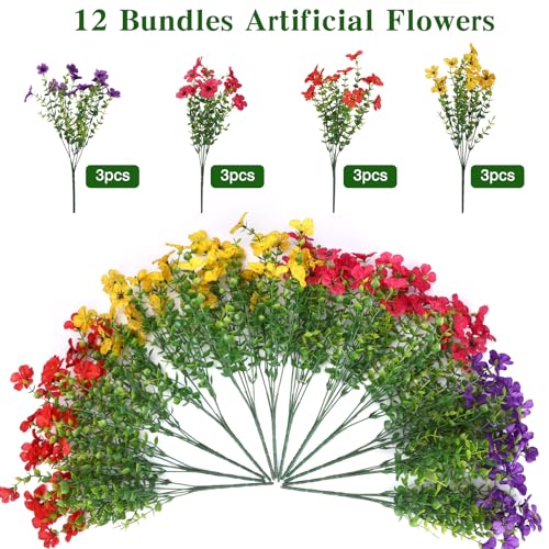 CEWOR 12 Bundles Artificial Flowers for Outdoor Indoor, Fake Silk Daisy with Eucalyptus Leaves, Faux Flower for Garden Front Door Porch Planter Patio Home Decor (Mix Red Purple Yellow Fuchsia) - Image 3