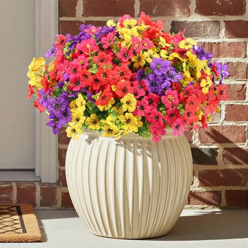 CEWOR 12 Bundles Artificial Flowers for Outdoor Indoor, Fake Silk Daisy with Eucalyptus Leaves, Faux Flower for Garden Front Door Porch Planter Patio Home Decor (Mix Red Purple Yellow Fuchsia) - Image 1