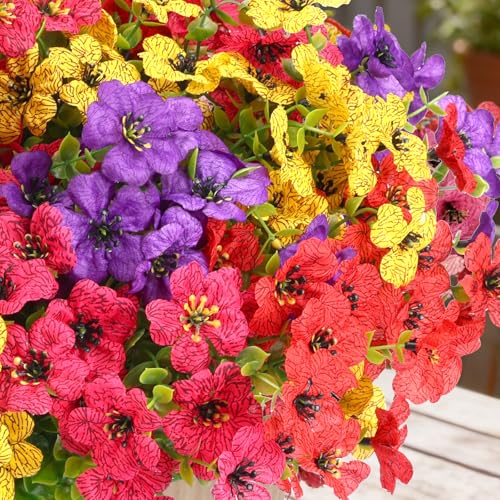 CEWOR 12 Bundles Artificial Flowers for Outdoor Indoor, Fake Silk Daisy with Eucalyptus Leaves, Faux Flower for Garden Front Door Porch Planter Patio Home Decor (Mix Red Purple Yellow Fuchsia) - Image 4