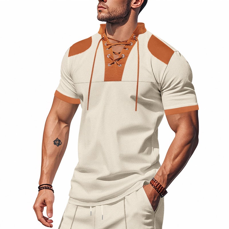 Cross-Border Men''s T-Shirt Summer Lace Design Loose Henley Shirt Western Cowboy Waffle Short Sleeves - Image 2