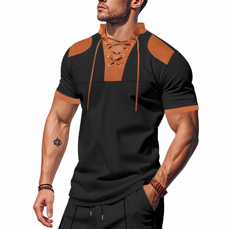 Cross-Border Men''s T-Shirt Summer Lace Design Loose Henley Shirt Western Cowboy Waffle Short Sleeves - Image 5