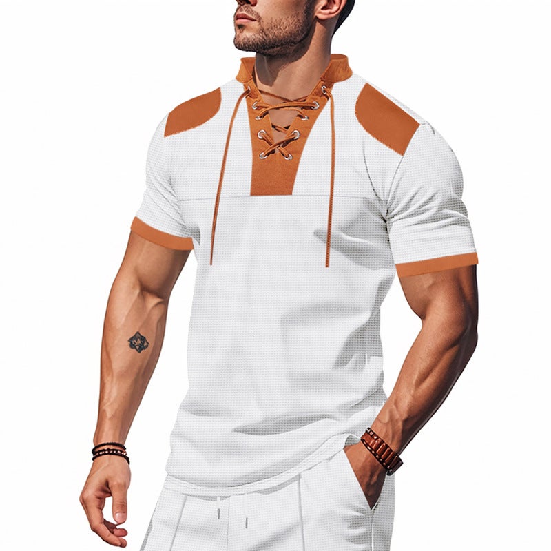 Cross-Border Men''s T-Shirt Summer Lace Design Loose Henley Shirt Western Cowboy Waffle Short Sleeves - Image 4