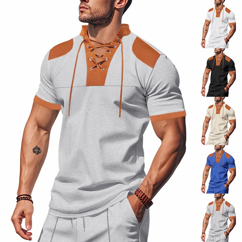 Cross-Border Men''s T-Shirt Summer Lace Design Loose Henley Shirt Western Cowboy Waffle Short Sleeves - Image 1