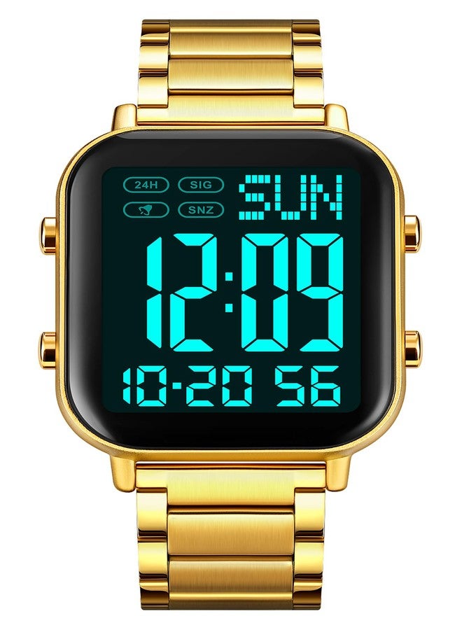 FANMIS Classic Unisex Digital Sports Watch Women's Men's Multifunctional Watch Stainless Steel Band Square Big Numbers Dial Waterproof Electronic Led Watch, A Gold Black, Modern - Image 2