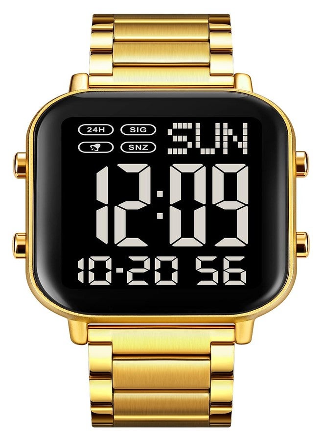 FANMIS Classic Unisex Digital Sports Watch Women's Men's Multifunctional Watch Stainless Steel Band Square Big Numbers Dial Waterproof Electronic Led Watch, A Gold Black, Modern - Image 1