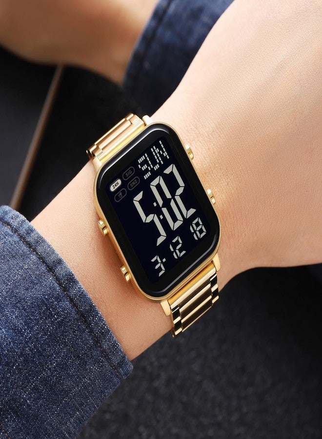 FANMIS Classic Unisex Digital Sports Watch Women's Men's Multifunctional Watch Stainless Steel Band Square Big Numbers Dial Waterproof Electronic Led Watch, A Gold Black, Modern - Image 3
