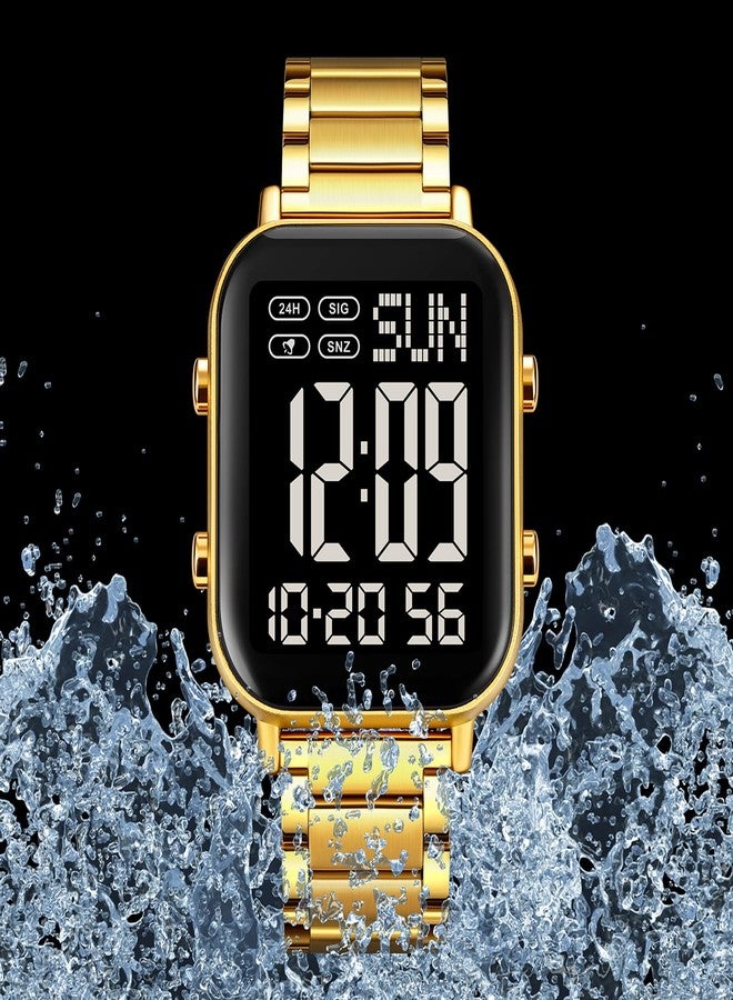 FANMIS Classic Unisex Digital Sports Watch Women's Men's Multifunctional Watch Stainless Steel Band Square Big Numbers Dial Waterproof Electronic Led Watch, A Gold Black, Modern - Image 5