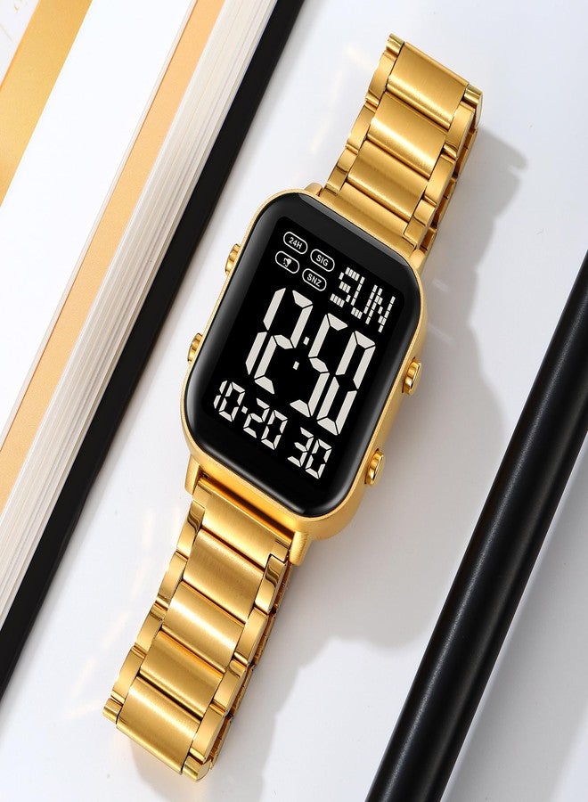 FANMIS Classic Unisex Digital Sports Watch Women's Men's Multifunctional Watch Stainless Steel Band Square Big Numbers Dial Waterproof Electronic Led Watch, A Gold Black, Modern - Image 4