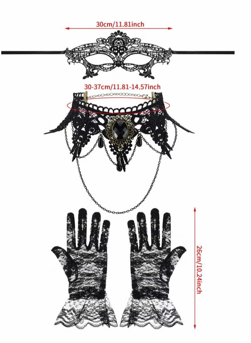 FASHION Venetian Masquerade Masks, Costume Set, Mask Black Choker Lace Necklace Pattern Gloves for Women  - Image 3