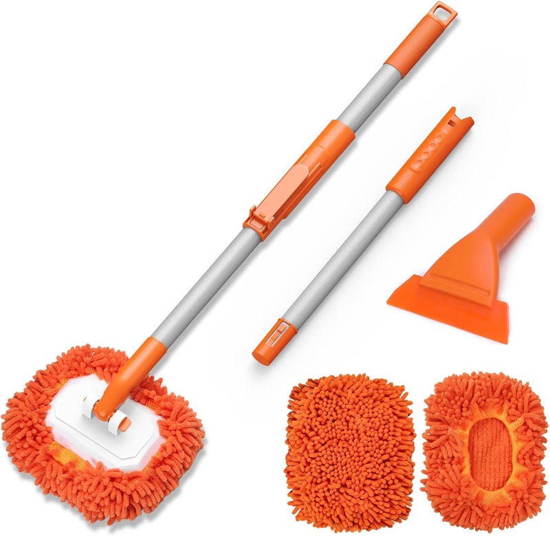 Alyvisun All Season Car Wash Brush with Ice Scraper, 2-Head Car Cleaning Brush with Extendable Handle, 21.5cm Soft Rubber Snow Brush, TPE Scraper, 180 Degree Swivel Head for Car, SUV, Caravan - Image 1