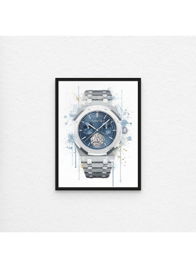 آرت دیکور  ديكور فني مؤطر بطباعة صورة فنية جميلة من ساعة بألوان مائية، طباعة فنية بمينا أزرق للساعة ملصق حديث فاخر لتزيين الحائط عمل فني أنيق لمكتب غرفة النوم وغرفة المعيشة واستوديو الفنادق المنزلية - Image 1