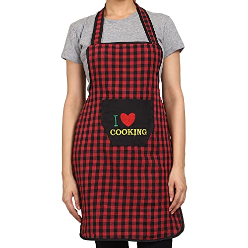 JMi Cotton Checkered Design Waterproof Apron with Multipurpose Front Large Embroidered Pocket Pack of 2 (RED BLUE) - Image 5