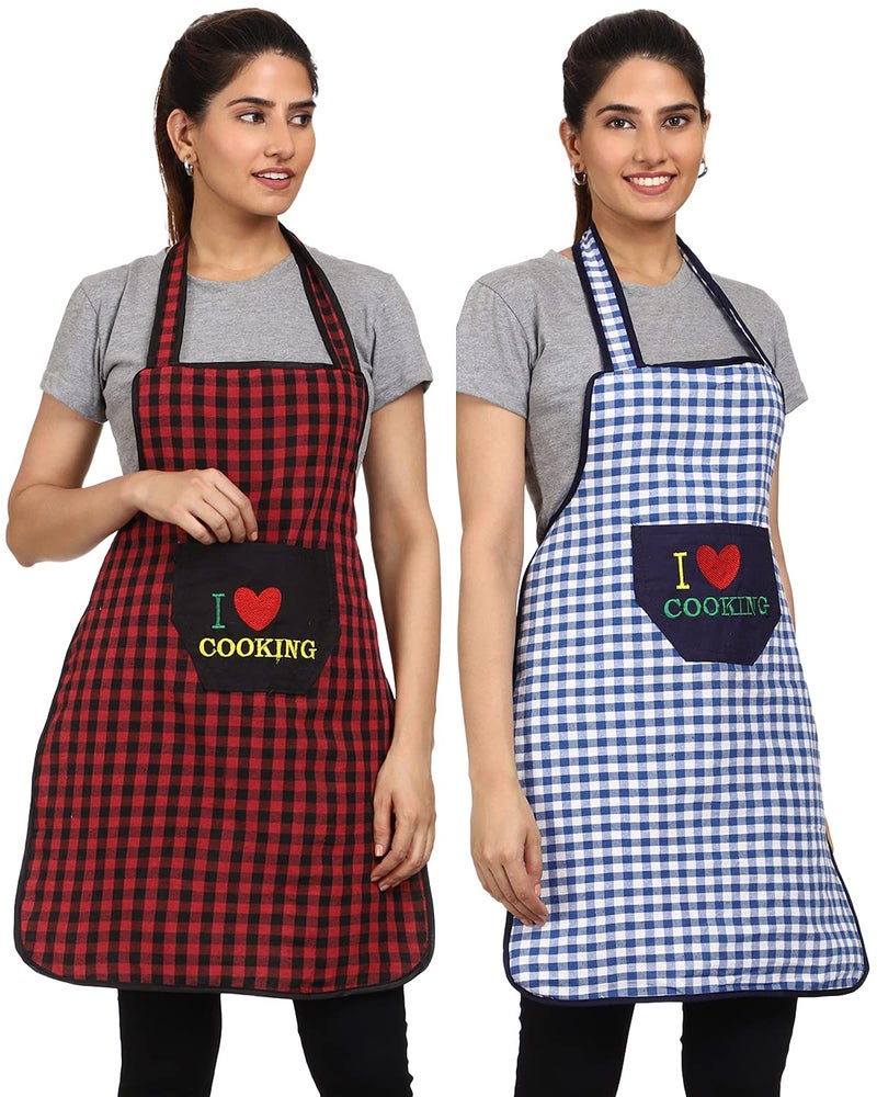 JMi Cotton Checkered Design Waterproof Apron with Multipurpose Front Large Embroidered Pocket Pack of 2 (RED BLUE) - Image 1