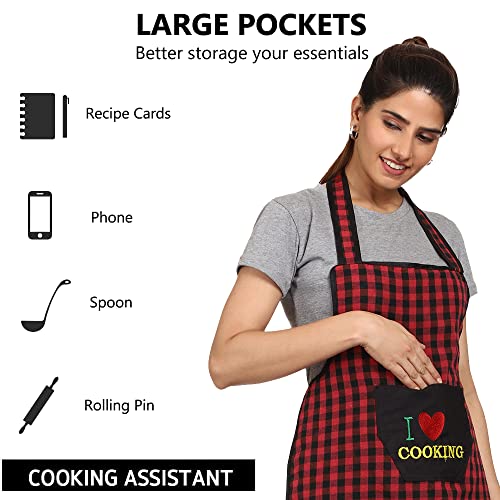 JMi Cotton Checkered Design Waterproof Apron with Multipurpose Front Large Embroidered Pocket Pack of 2 (RED BLUE) - Image 2