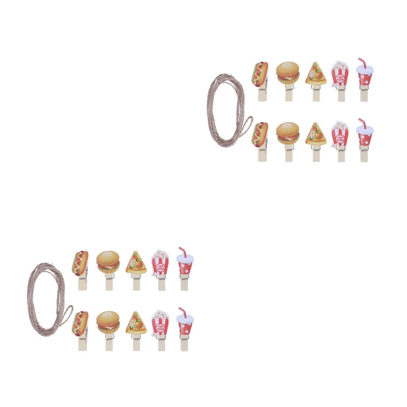 20 PCS Clips Burger Popcorn Photo Clips Household School Office with Hemp Rope - Image 1