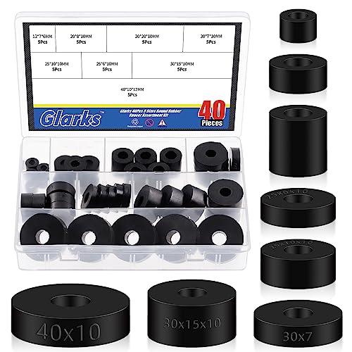 Glarks 40Pcs 8 Sizes Round Rubber Spacer Assortment Kit, Multi Purpose Black Round Neoprene Washers Anti Vibration Rubber Spacer Bushings for Electrical Repair and Home Car Accessories - Image 1