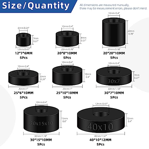 Glarks 40Pcs 8 Sizes Round Rubber Spacer Assortment Kit, Multi Purpose Black Round Neoprene Washers Anti Vibration Rubber Spacer Bushings for Electrical Repair and Home Car Accessories - Image 2