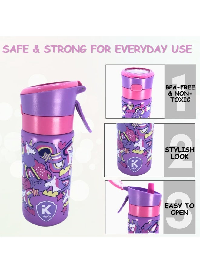 i-kola UNI PURPLE 320 ML Kids Water Bottle for School | BPA-Free Stainless Steel Water Bottle for Boys & Girls | Leakproof, Unbreakable, Easy to Drink, Quick Open Lock (TS-9218 AS 4) - Image 3