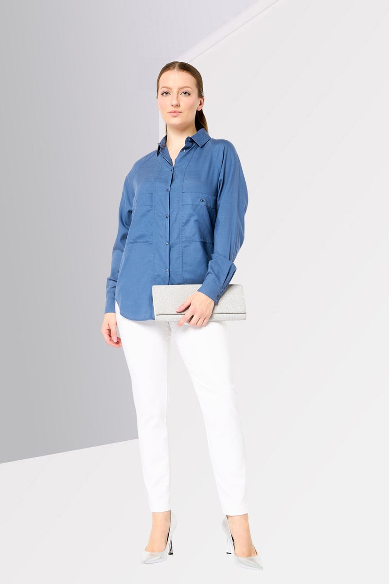 LACOSTE Women Regular Fit Plain Long Sleeve Shirt, Slate Navy - Image 2