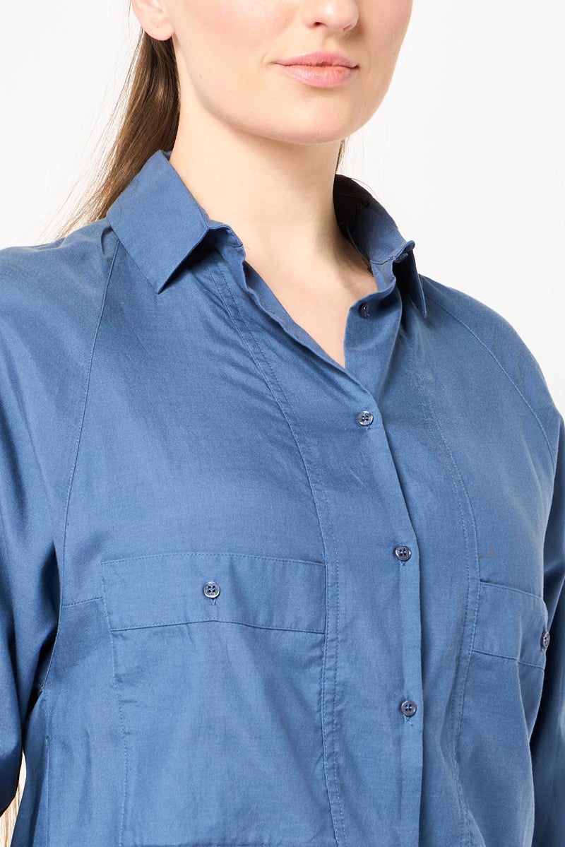 LACOSTE Women Regular Fit Plain Long Sleeve Shirt, Slate Navy - Image 3