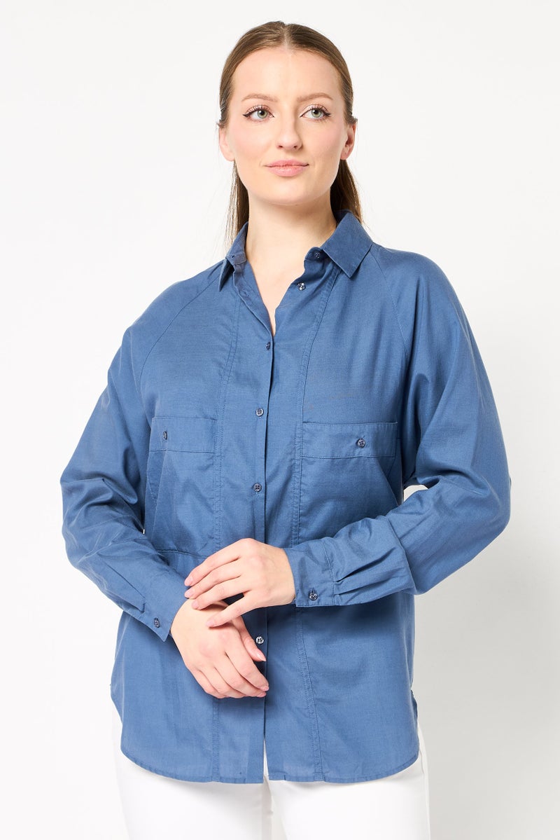 LACOSTE Women Regular Fit Plain Long Sleeve Shirt, Slate Navy - Image 1